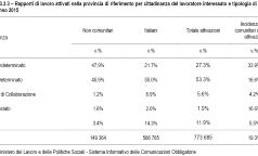 Rapporti di lavoro attivati nella provincia di riferimento per cittadinanza del lavoratore interessato e tipologia di contratto (v.%)